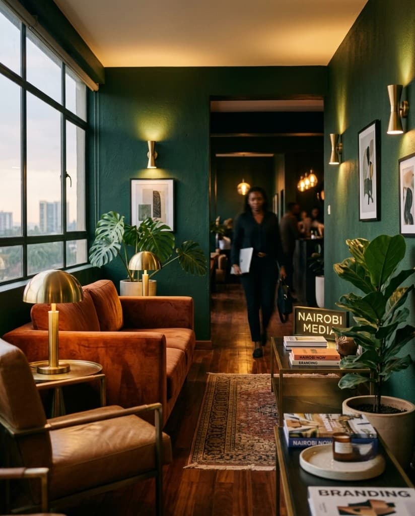 BP Creatives creative lounge in Nairobi with green walls, warm lighting, and team in motion